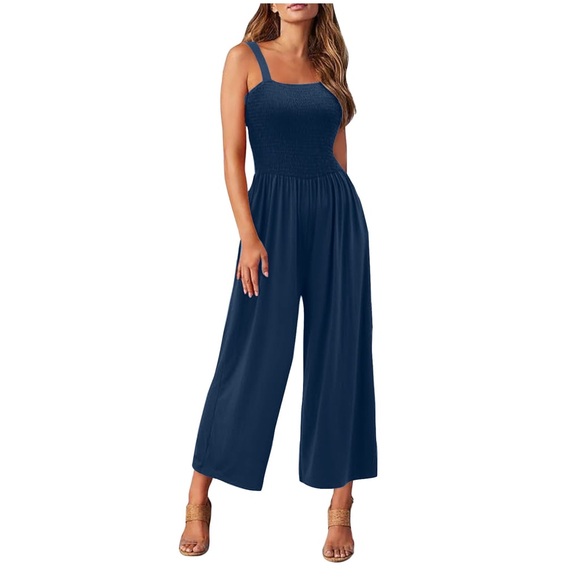 NEW Women's Solid Color Jumpsuit Spaghetti Strap Romper Wide Leg Loose Long Pant - Picture 4 of 5
